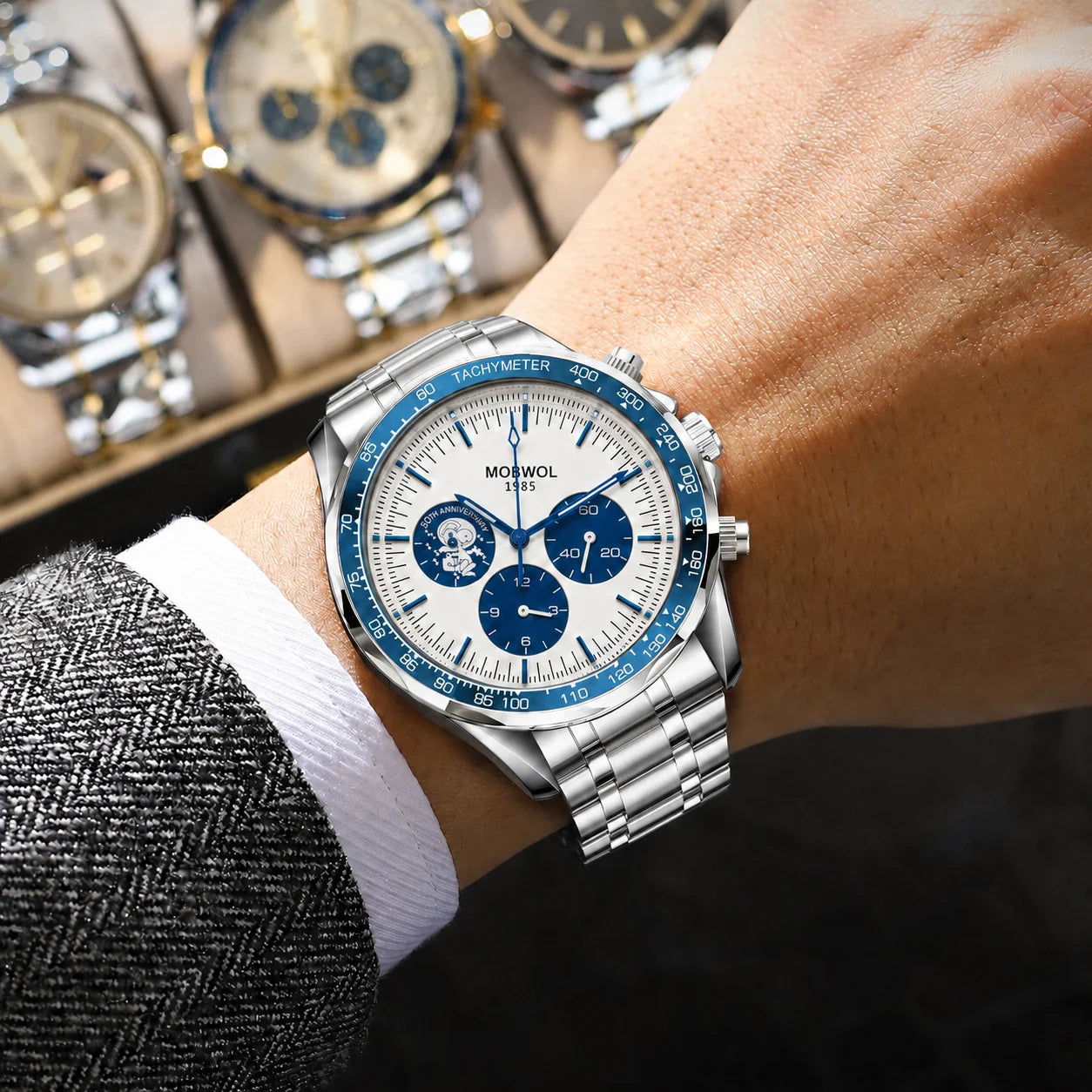 MOBWOL Blue Bezel Steel Watch