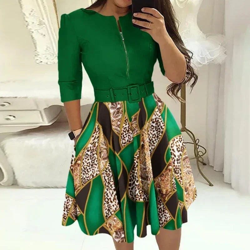 Patchwork A-Line Belt Dress