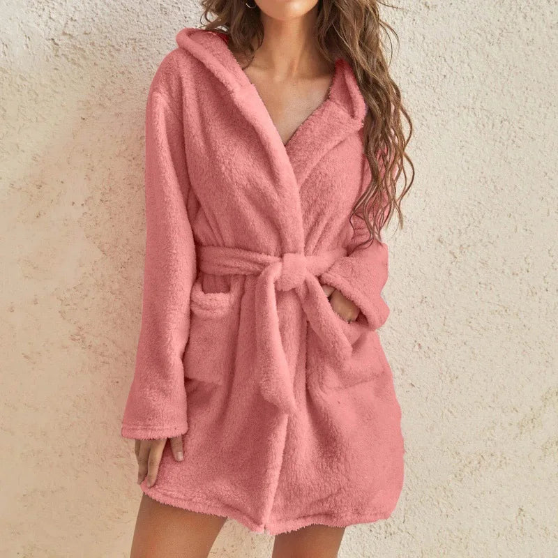 Warm Hooded Flannel Bathrobe