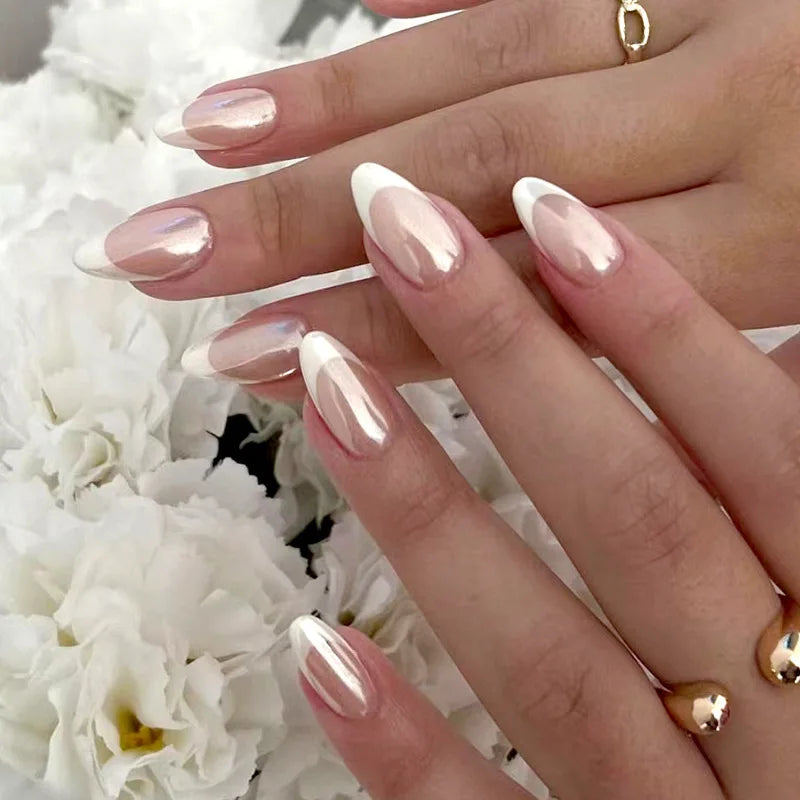 French Tip Fake Nails Almond