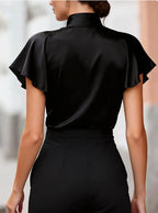 Satin Solid Button Front Regular Fit Blouse