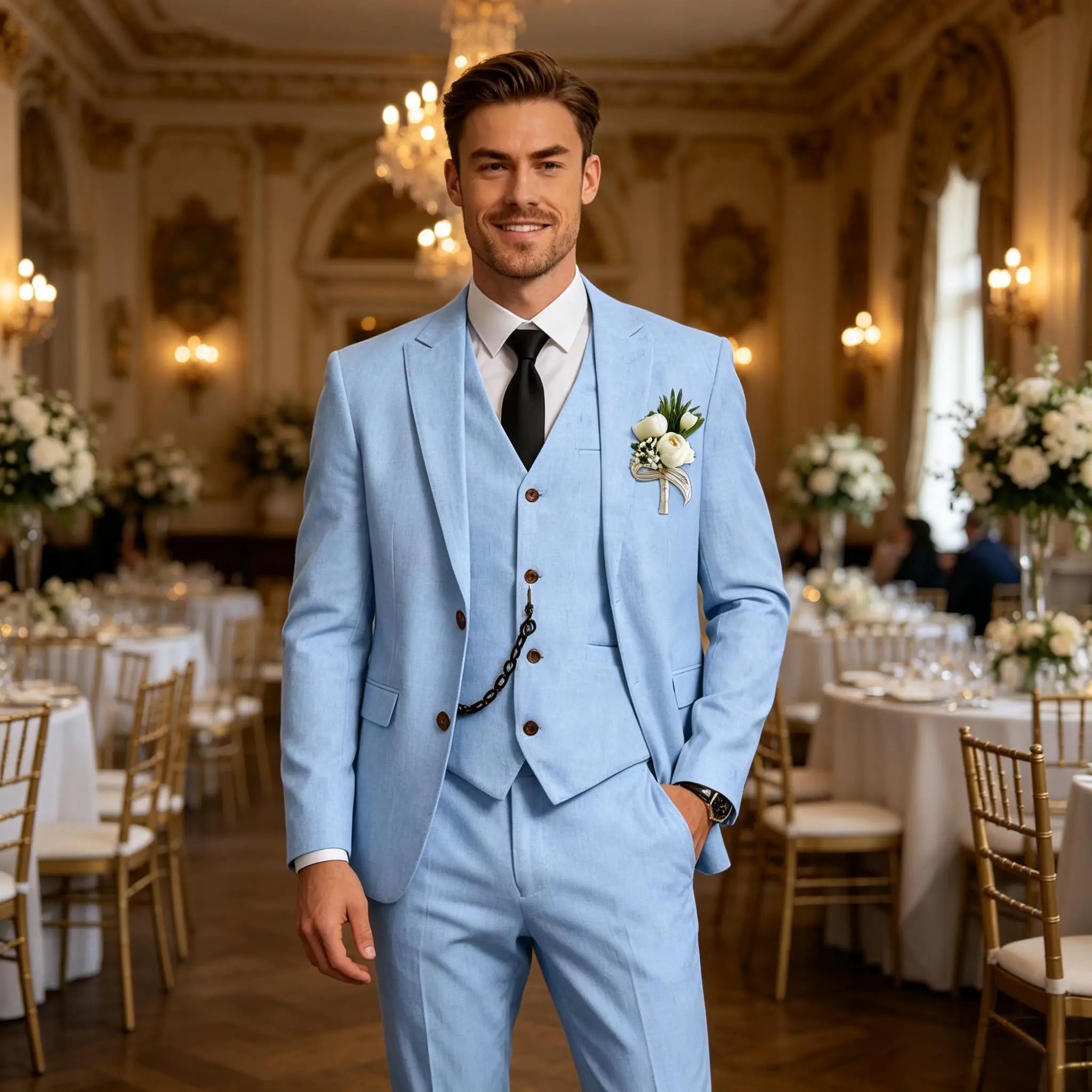 Three-Piece Linen Notch-Lapel Suit
