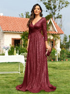Long Sleeves Blue Sequins Formal Evening Dress