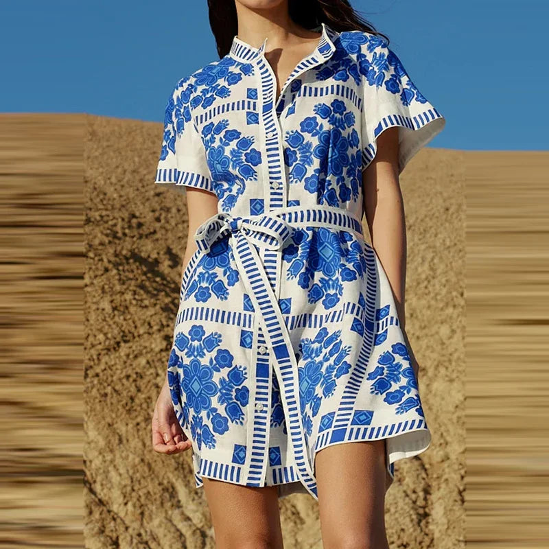 Blue Lace-Up A-Line Dress