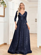 Long Sleeves Blue Sequins Formal Evening Dress