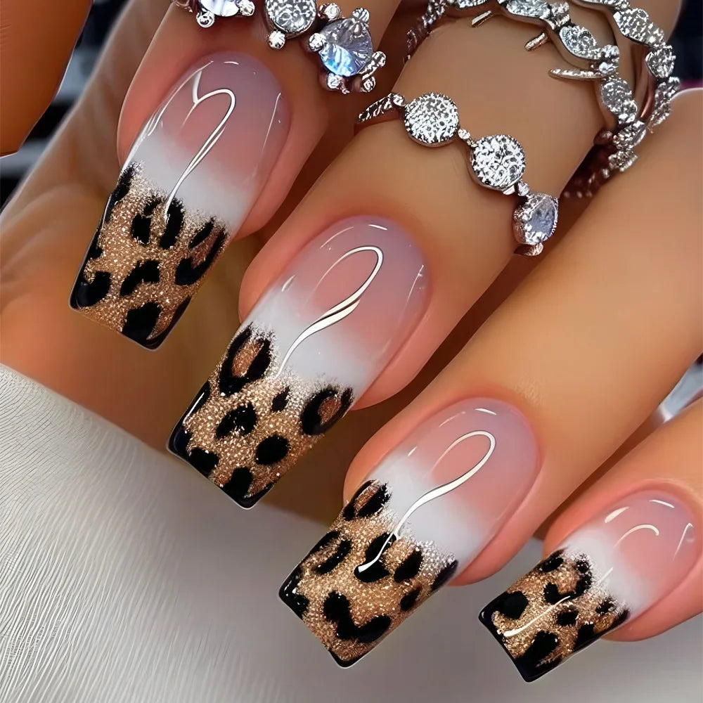 Mid-length French False Nails Leopard