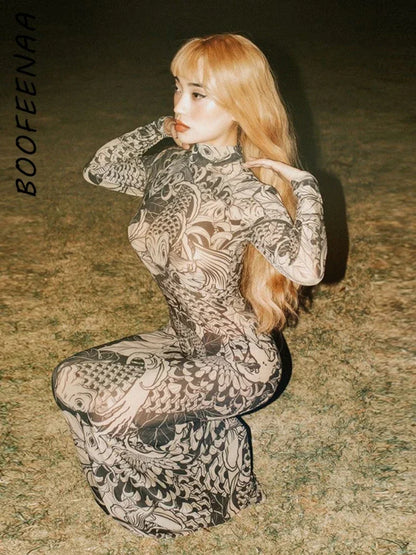 Printed Mesh Maxi Dress