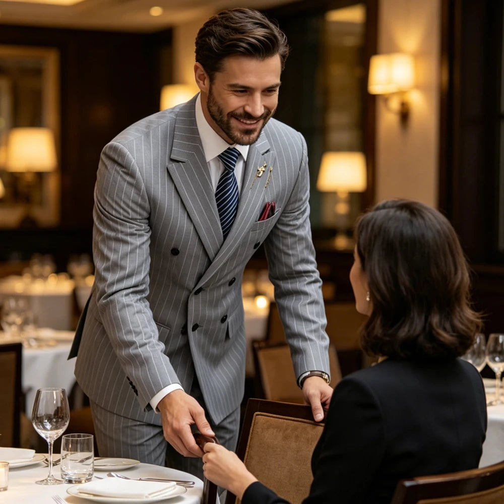 Pinstripe Double-Breasted Peak-Lapel Suit