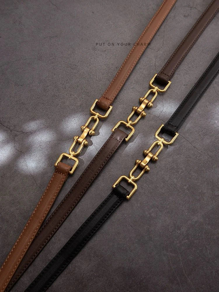 Korean Slim Genuine Leather Belt with Gold Buckle