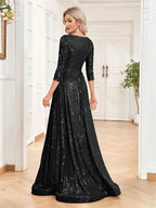 Long Sleeves Blue Sequins Formal Evening Dress