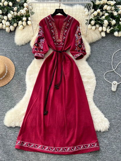 Retro Embroidered V-Neck Dress
