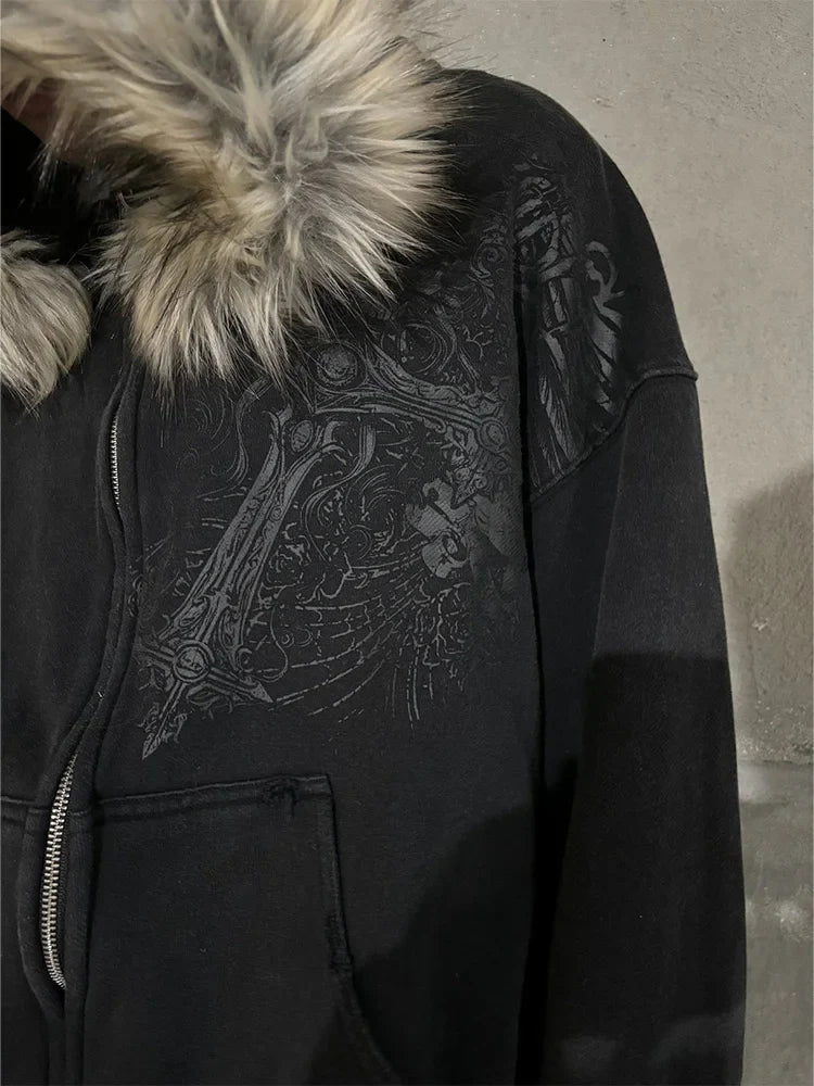 Y2K Graphic Fur Hoodie