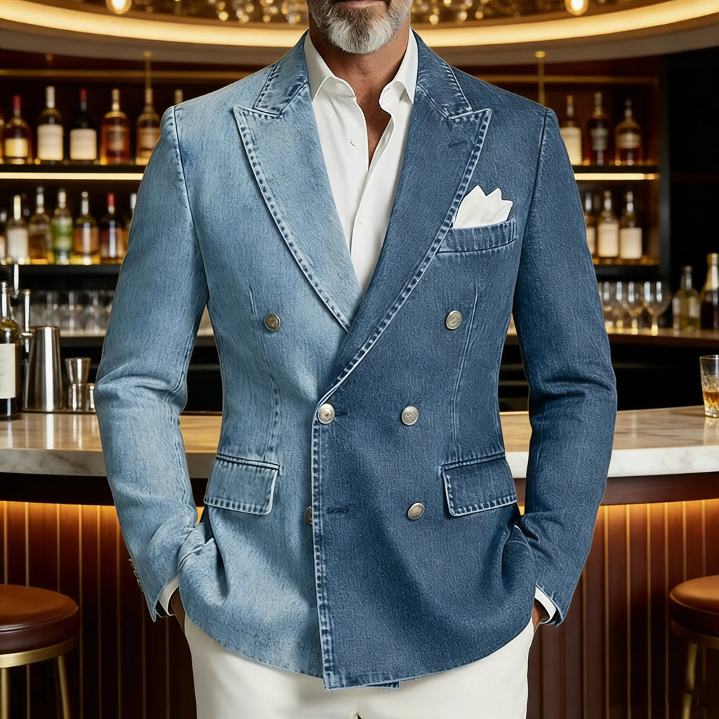 Denim Double-Breasted Peak-Lapel Blazer