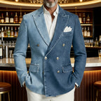 Denim Double-Breasted Peak-Lapel Blazer