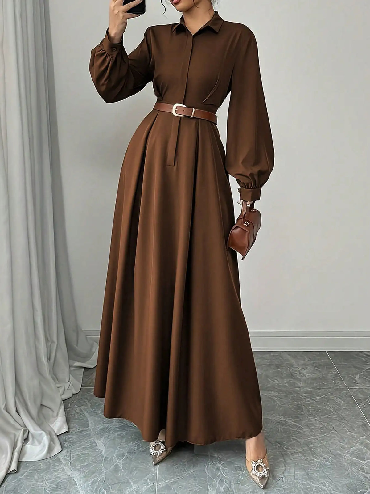 Lantern Sleeve Pleated Maxi Dress