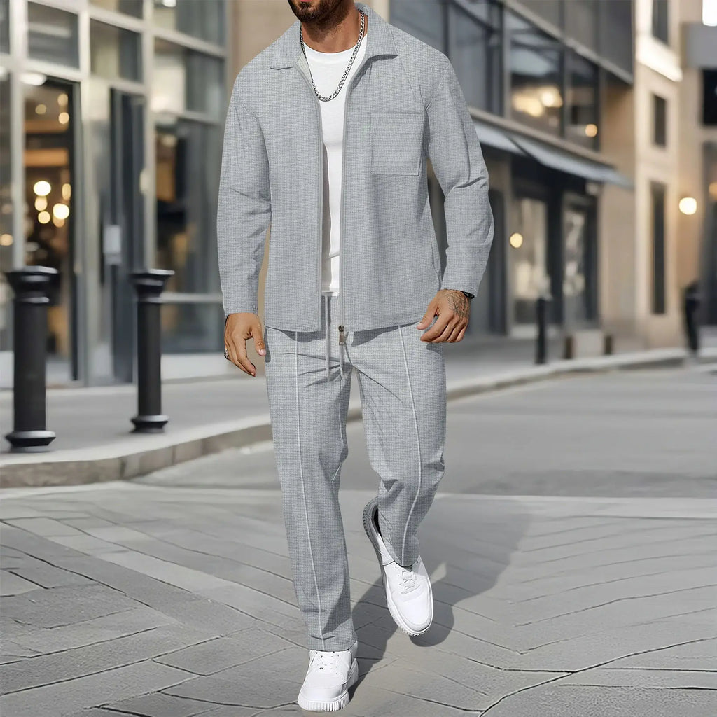 Waffle Zip Shirt Coat Trousers Set