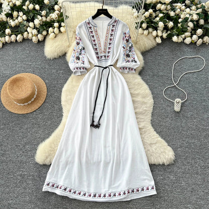 Retro Embroidered V-Neck Dress