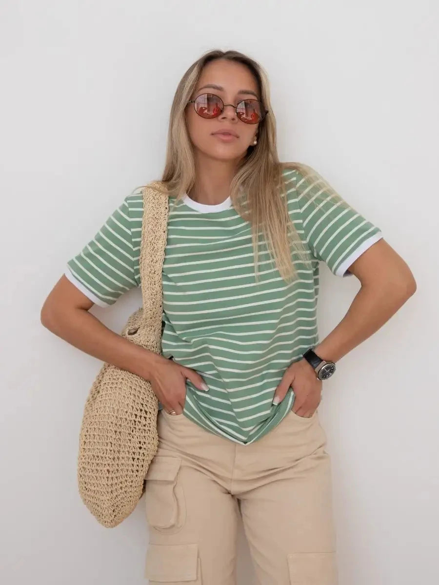 Contrast Striped Round Neck T-Shirt