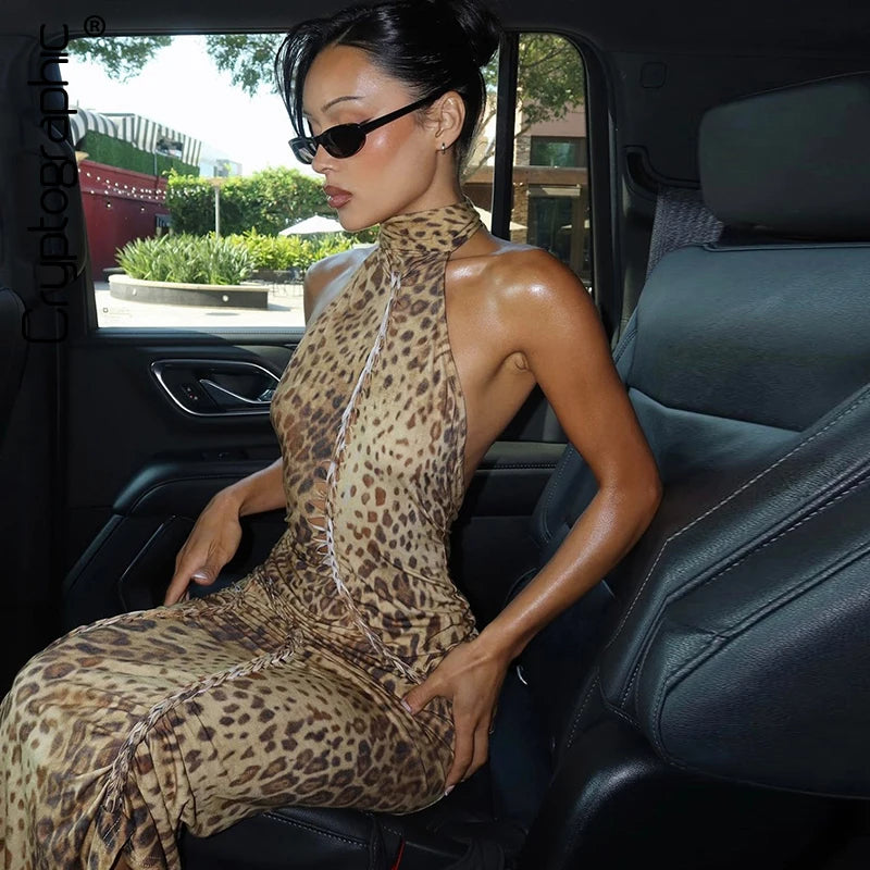Leopard Halter Backless Maxi Dress