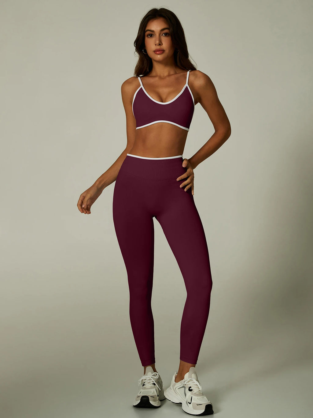 Nylon Solid Elastic Waist Two-Piece Yoga Set