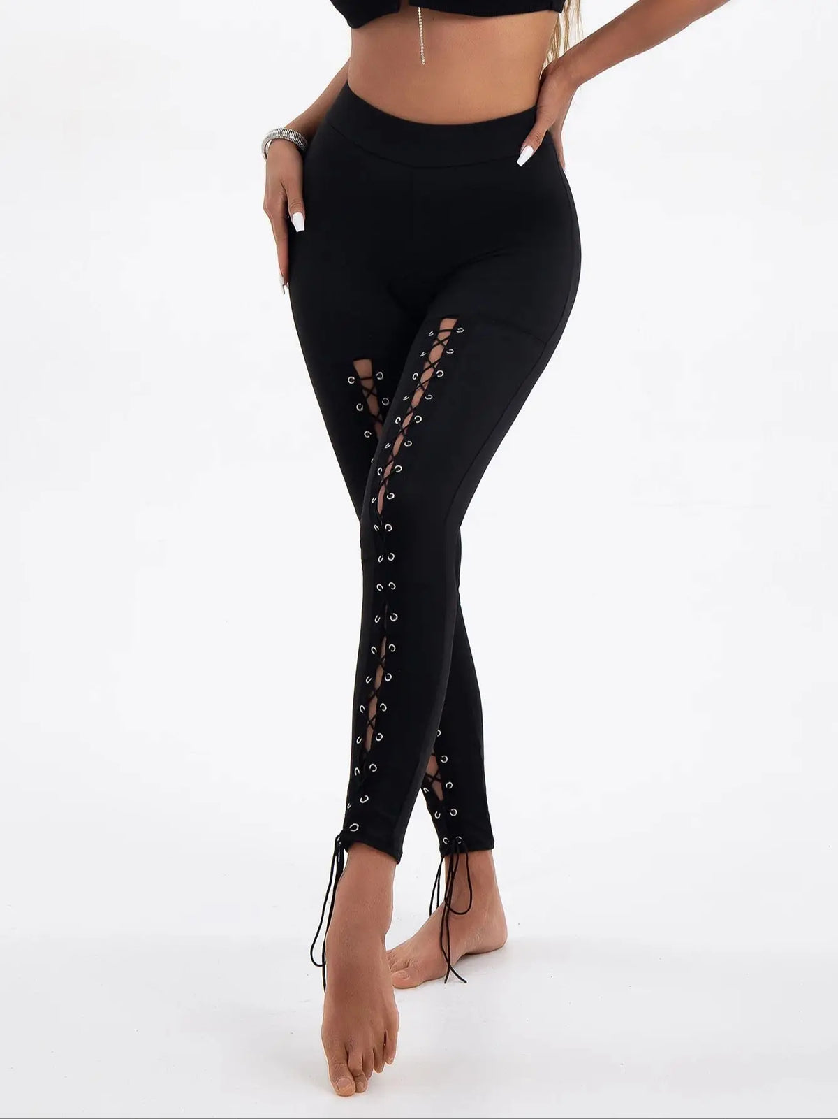 Hollow-Out Lace-Up Slim Shorts