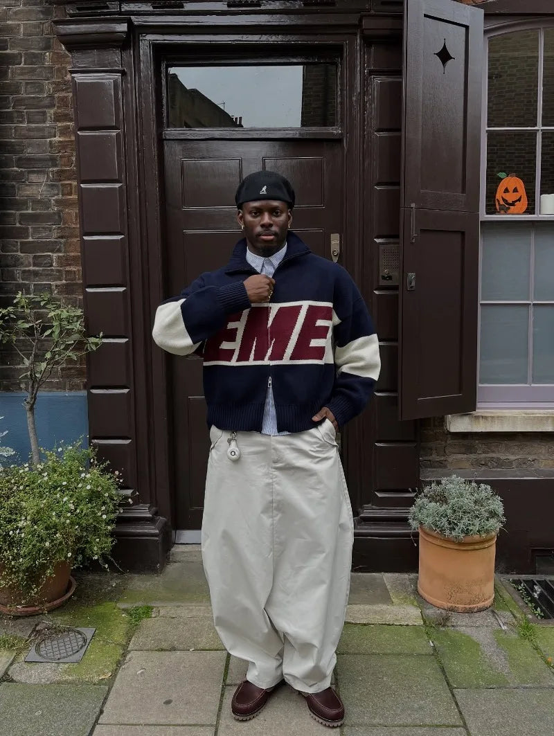 Spliced Letter Embroidery Zipper Cardigan