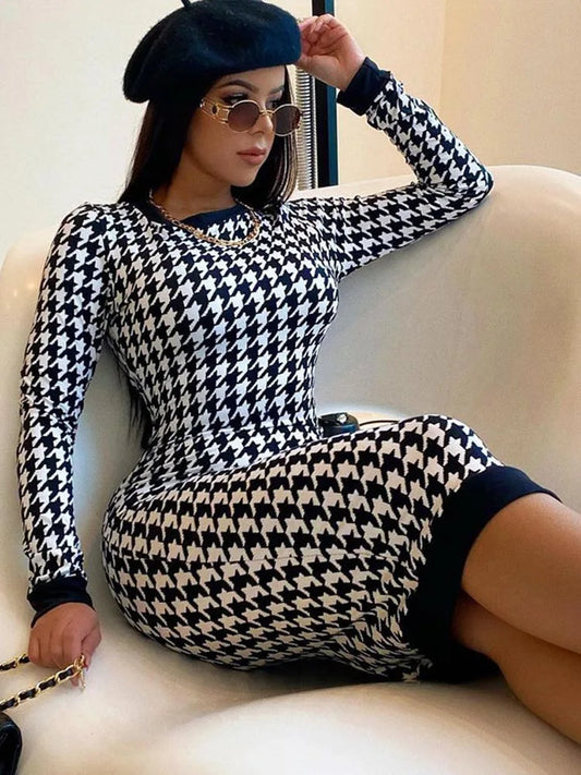 Houndstooth Bodycon Midi Dress