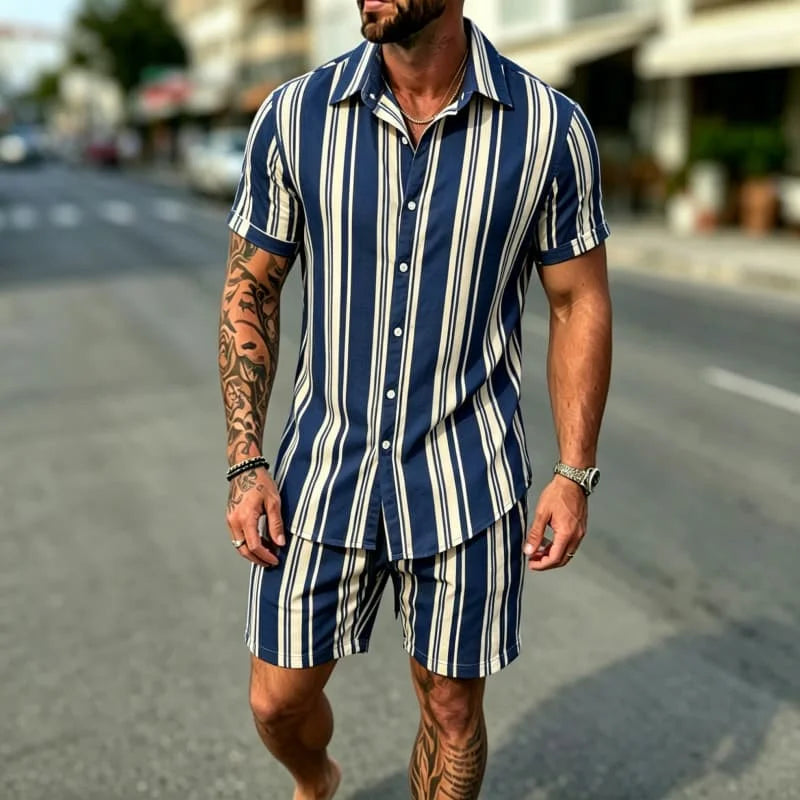 Striped Printed Shirt Shorts Set