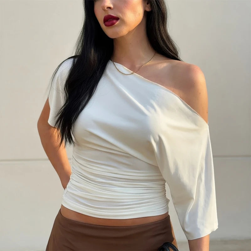 Polyester Solid Asymmetric Collar True-To-Size Fit Top