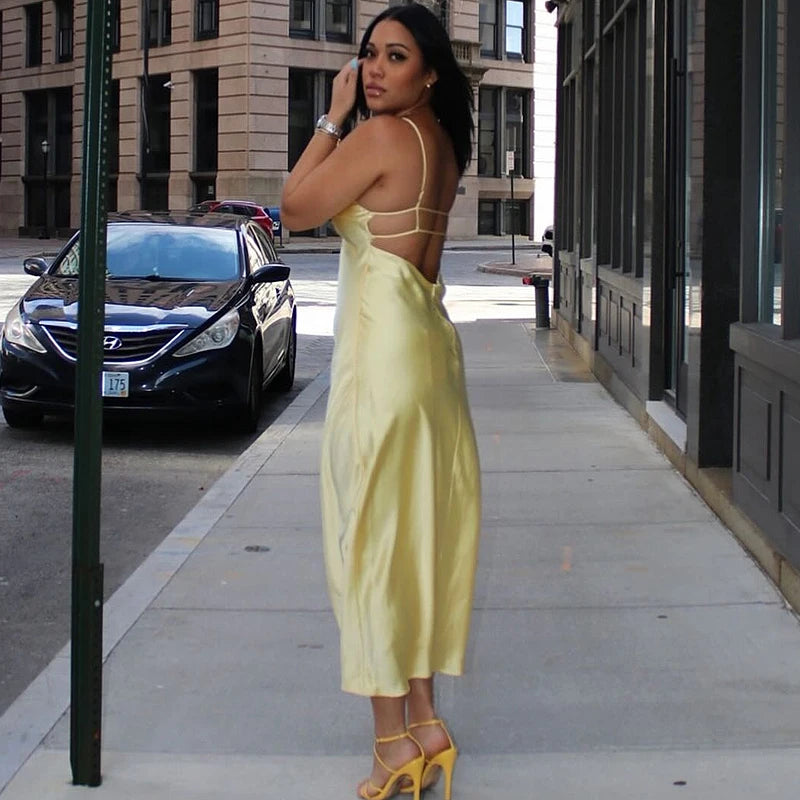 Yellow Satin V-Neck Slip Dress