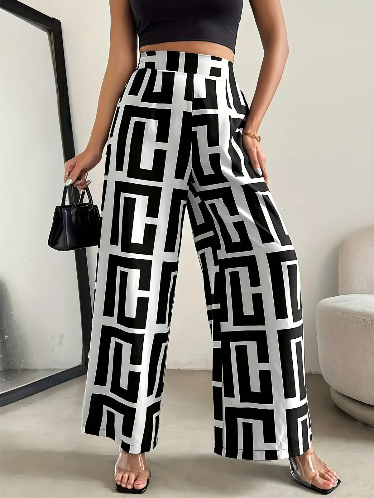 Checkered Print Bohemian Wide-Leg Pants
