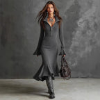 Zipper Lapel Fishtail Dress