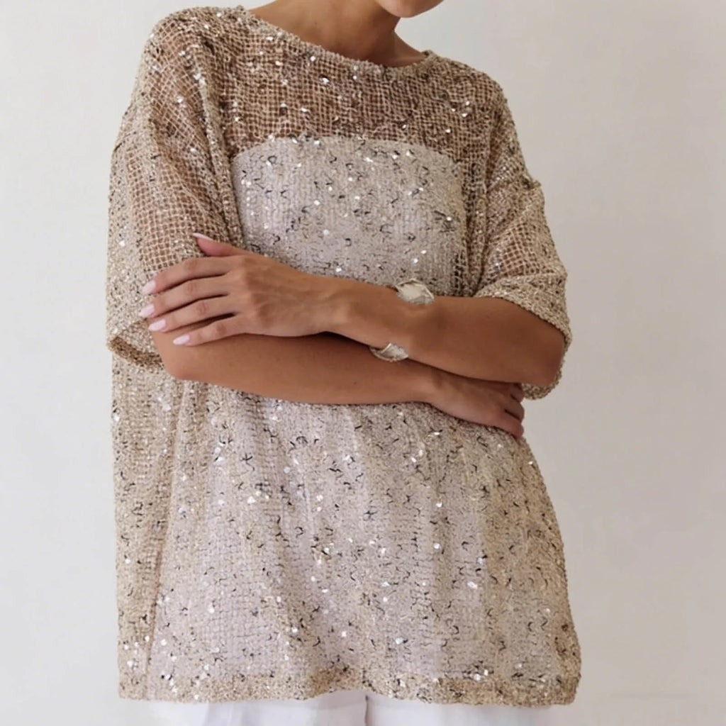 Brown Sequin Mesh Top