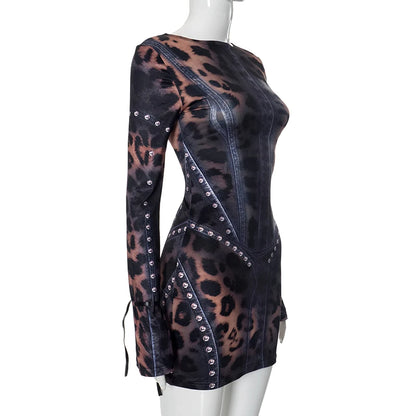 Leopard Print Slim Flare Sleeve Mini Dress