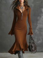 Zipper Lapel Fishtail Dress