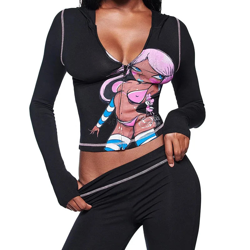 Blended Graphic Print Zip Front Two-Piece Yoga Set