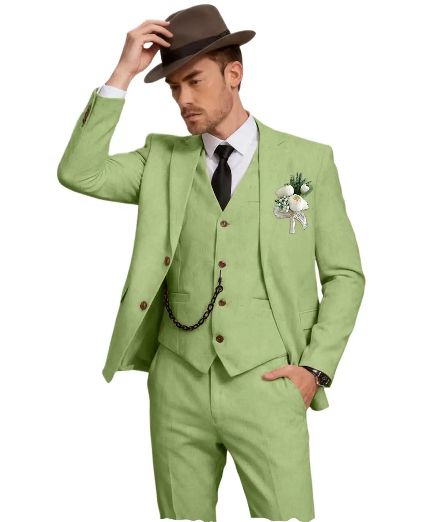 Three-Piece Linen Notch-Lapel Suit
