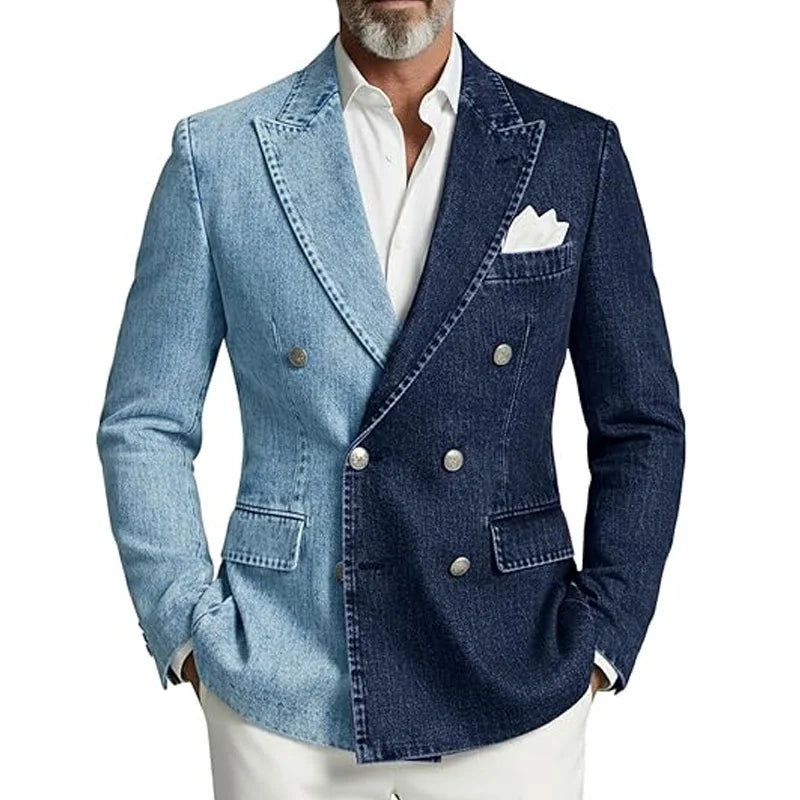 Denim Double-Breasted Peak-Lapel Blazer