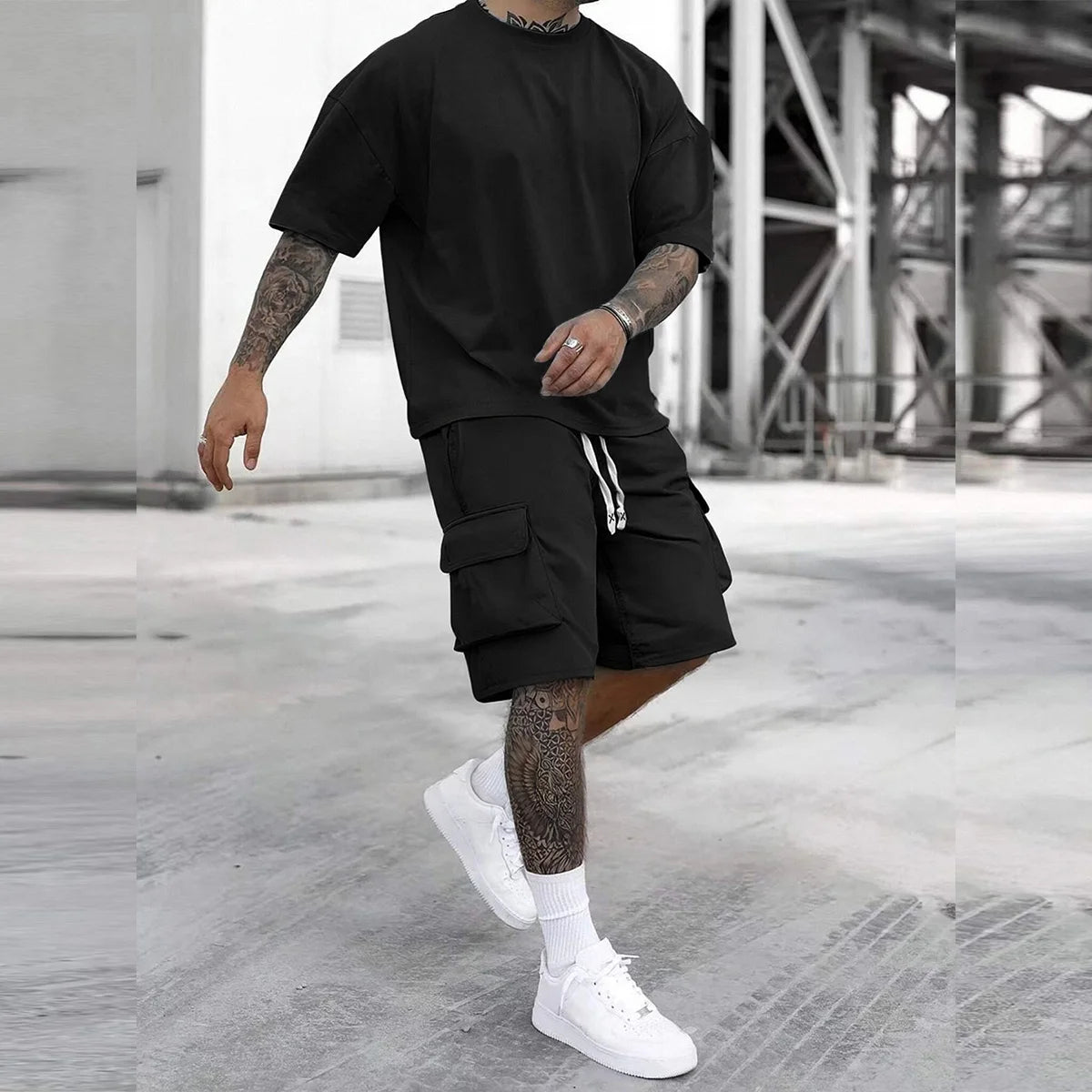 Multi-Pocket Cargo Pants T-Shirt Set