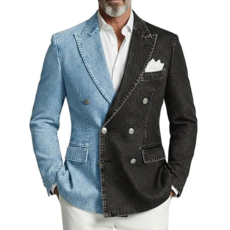 Denim Double-Breasted Peak-Lapel Blazer