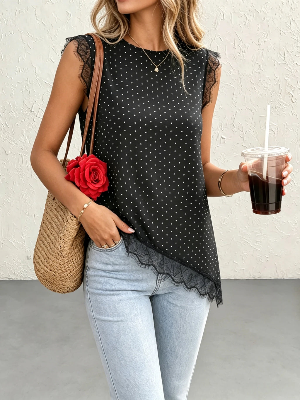 Polka Dot Lace-Trim Tank Top