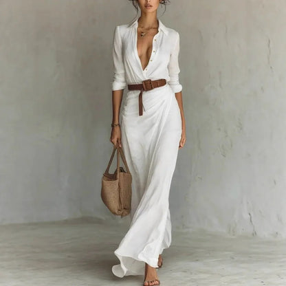 Deep V-Neck Belted Long Dress