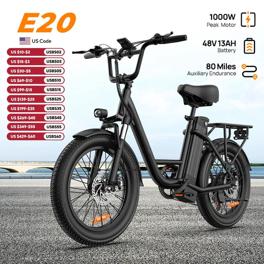 1000W E20 Electric Bike – 48V 13Ah Removable Battery