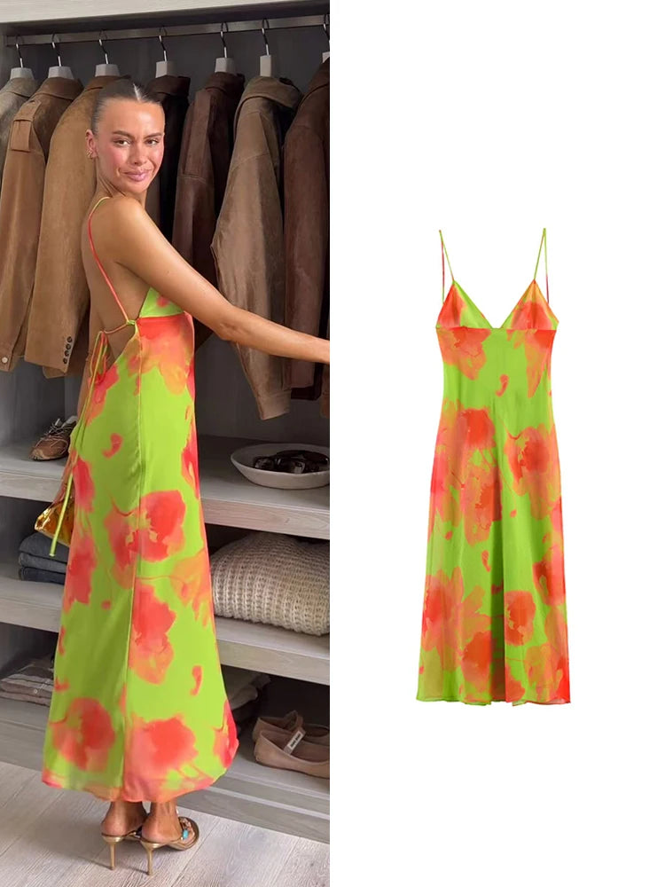 Floral Lace-Up Spaghetti Strap Dress