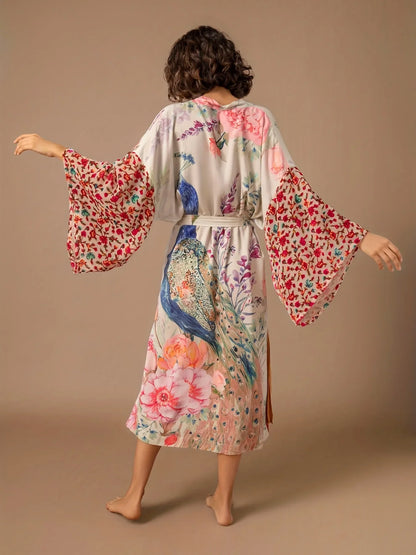 Peacock Print Beach Kimono