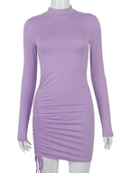 Long Sleeve Ruched Turtleneck Bodycon Mini Dress