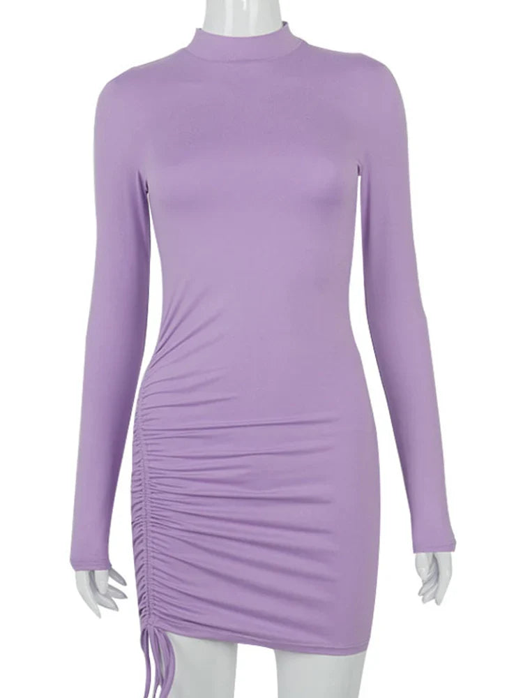 Long Sleeve Ruched Turtleneck Bodycon Mini Dress