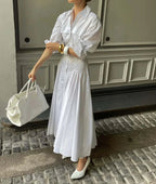 White Lapel Button Maxi Dress
