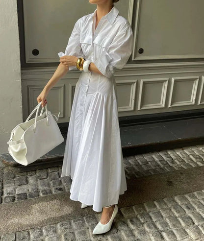 White Lapel Button Maxi Dress