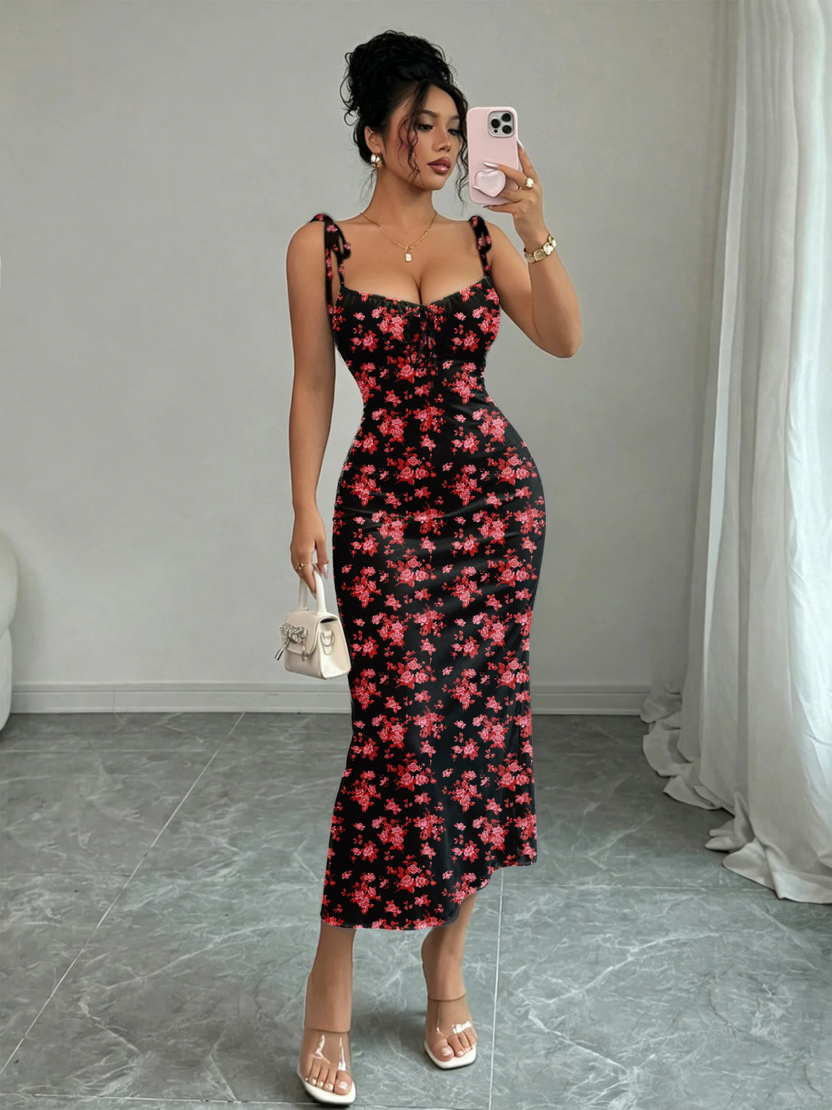 Tie-Strap Floral Fishtail Dress